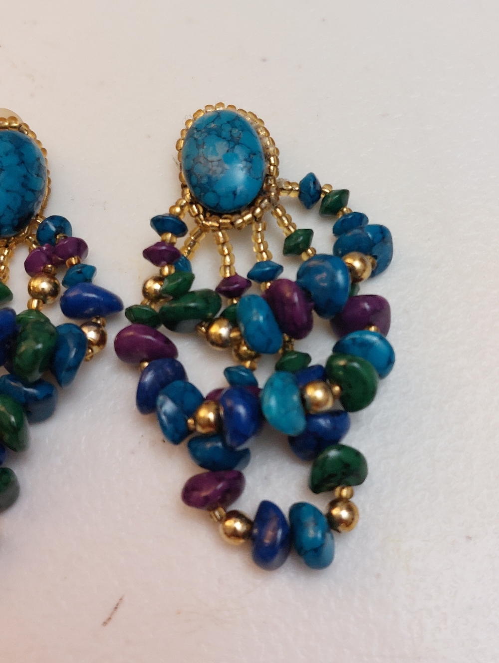 Vintage Southwest Inspired Clip On Earrings Faux Turquoise Cabochon Beaded Hoops - Picture 3 of 6